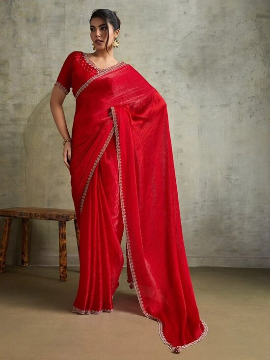 Kajal Dresses & Skirts - Red Chiffon Saree with Golden Border (India)
